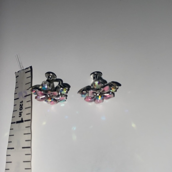 VINTAGE STAR FLOWER PINK SPARKLING FAUX CRYSTAL SILVER TONE EARRINGS - Picture 5 of 5